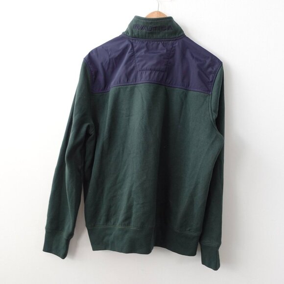 NAUTICA Sweatshirt Men Medium Logo Sweater SPELL‎ OUT Pullover Green Zip Neck - Picture 1 of 12